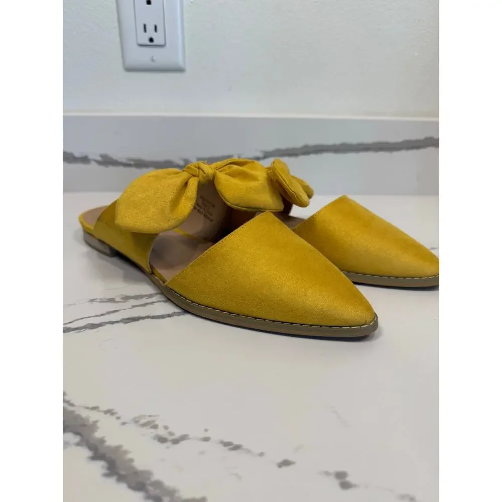 Women's Telulah Bow Slip On Flat Mules Yellow Faux Suede‎ Size 10